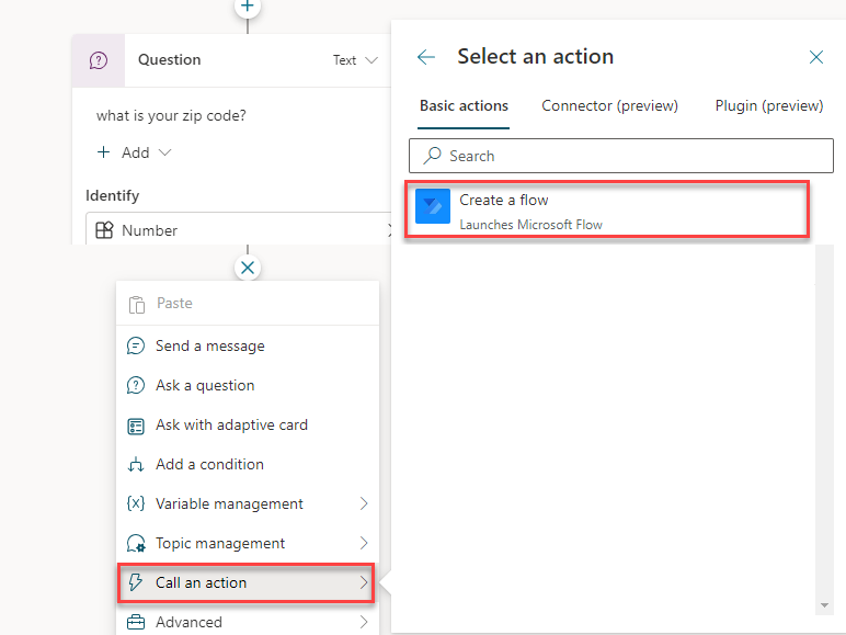 Screenshot of the call an action menu with create a flow selected.
