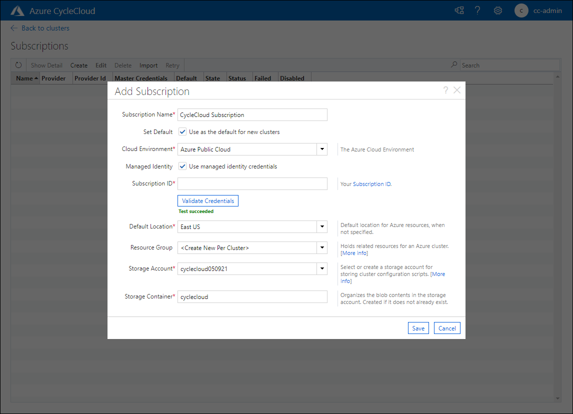 Screenshot showing the Add Subscription pop-up window in front of the Azure CycleCloud web application.