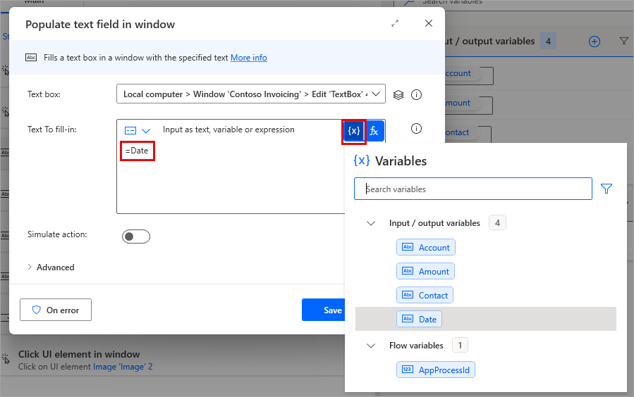 Screenshot of the UI element parameters with the Save button.