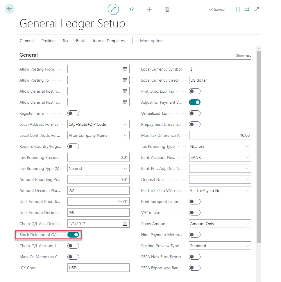 Screenshot of the General Ledger Setup page with the field enabled.