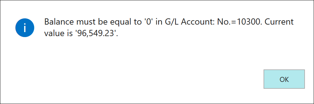 Screenshot of the G/L account balance error.