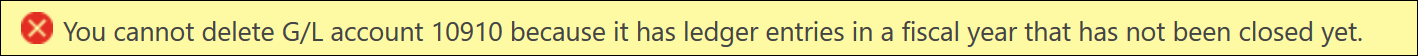 Screenshot of the G/L account entries error.