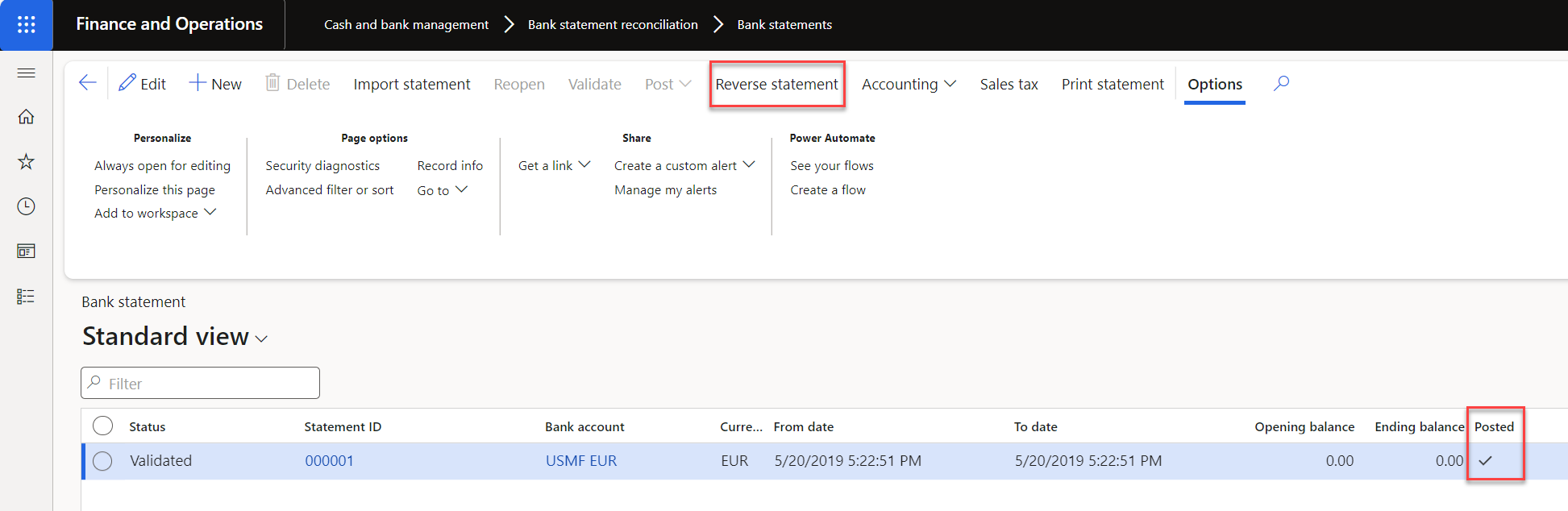 Screenshot of the Bank statement page, showing the Posted field.