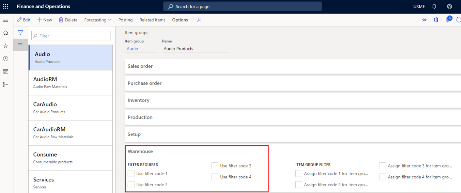 Screenshot of warehouse filters on the Items groups page.
