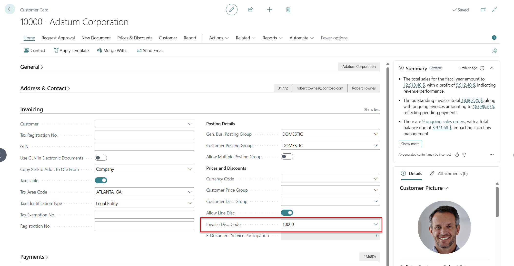 Screenshot of the Customer Disc. Group on the Customer Card.