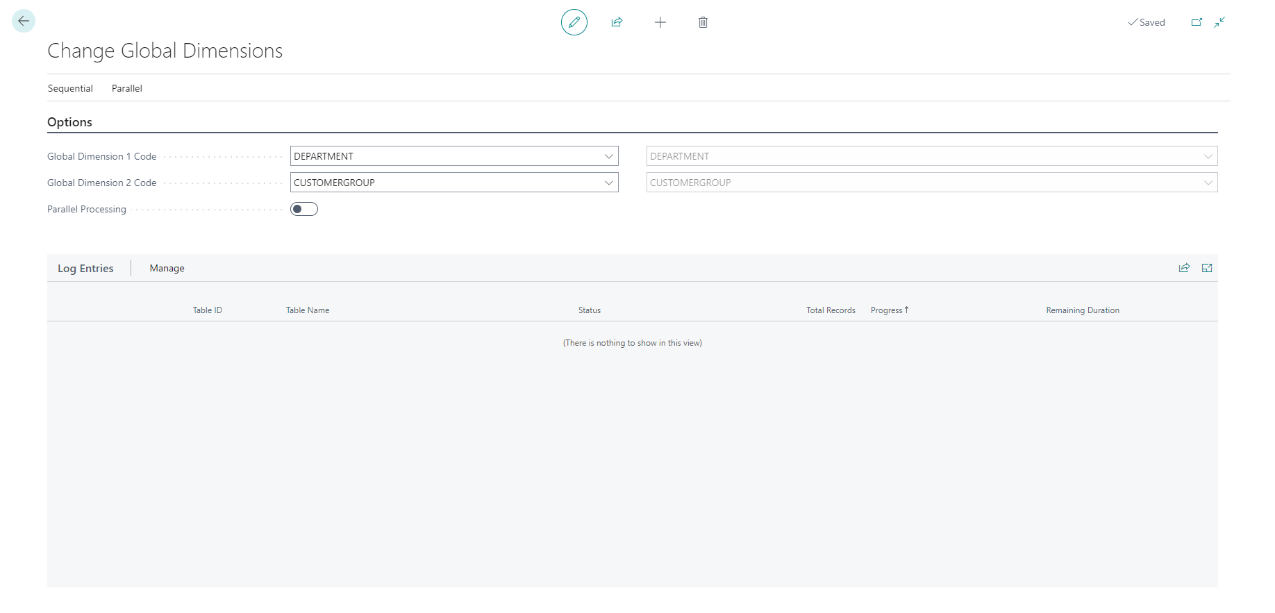 Screenshot of the Change Global Dimensions page.