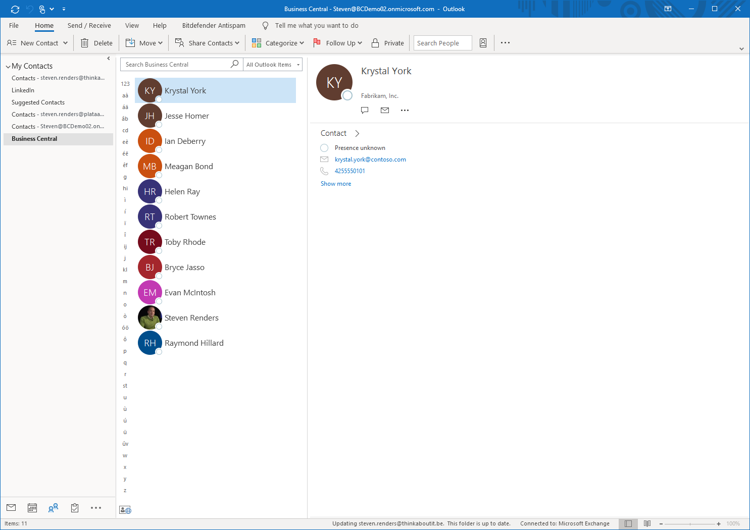 Screenshot of My Contacts in Microsoft Outlook.