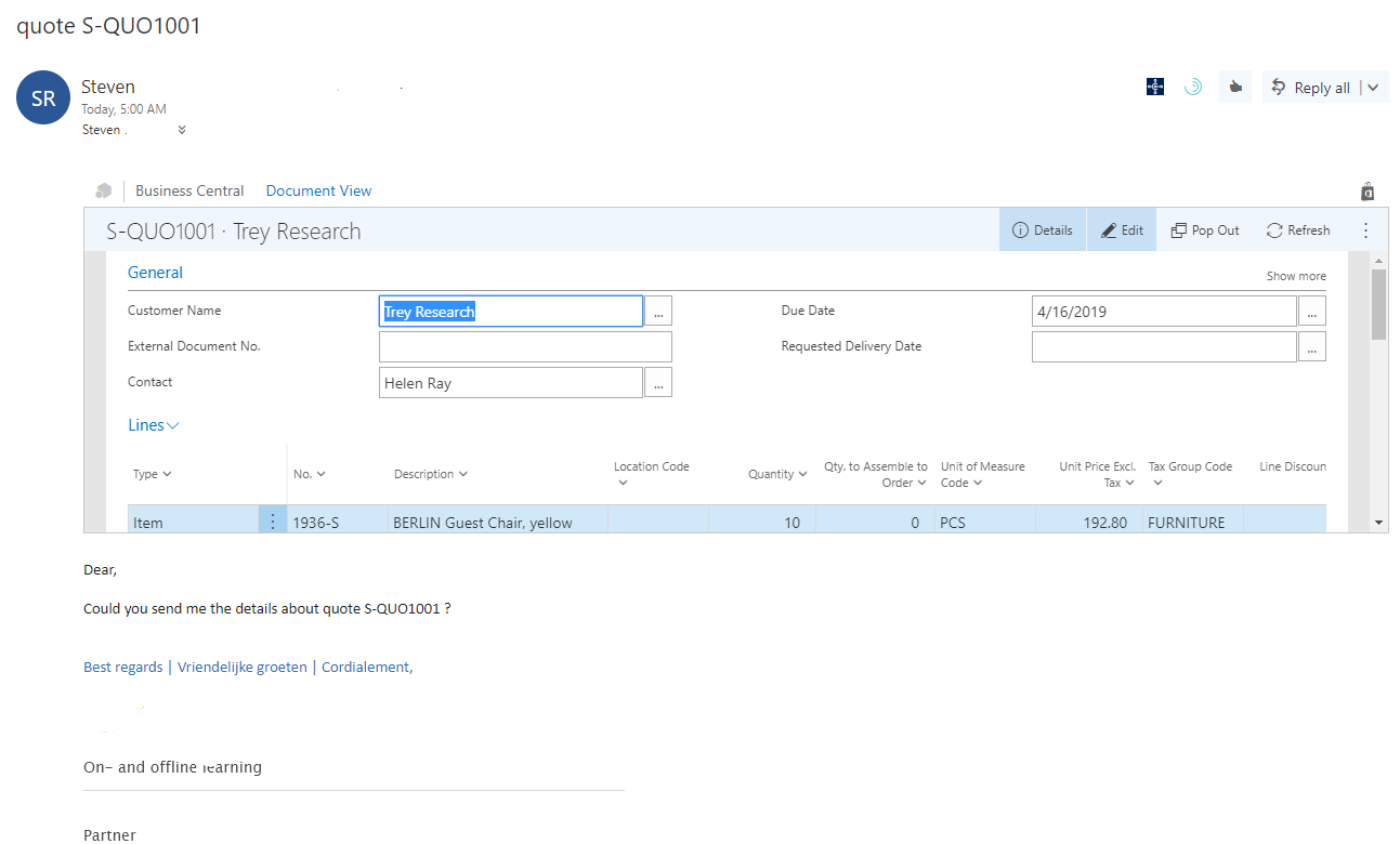 Screenshot showing a quote with document information.