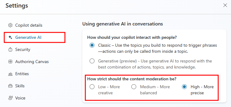 Screenshot of content moderation settings.