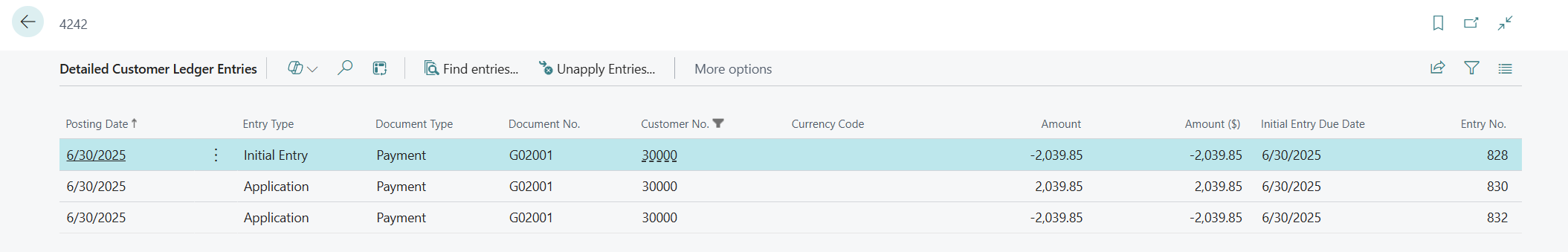 Screenshot of the Detailed Customer Ledger Entries page after an unapply.
