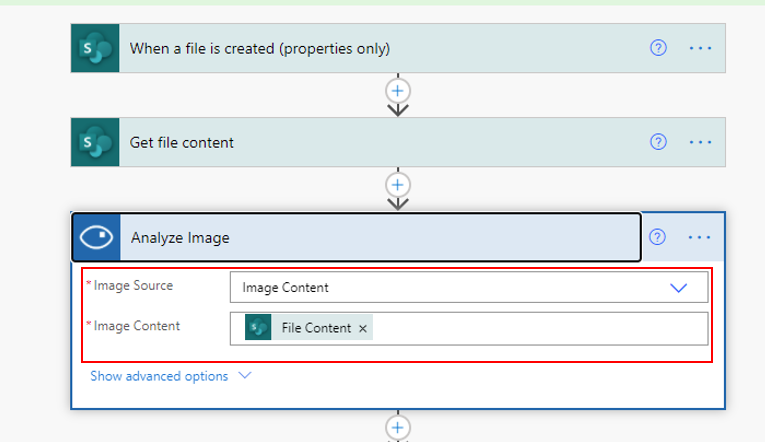Screenshot of the Analyze Image action in the flow.