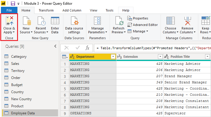 Screenshot of the Close and Apply step in Power Query.