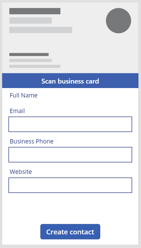 A screenshot of the Scan business card form with Full Name, Email, Business Phone, and Website fields and a Create contact button.