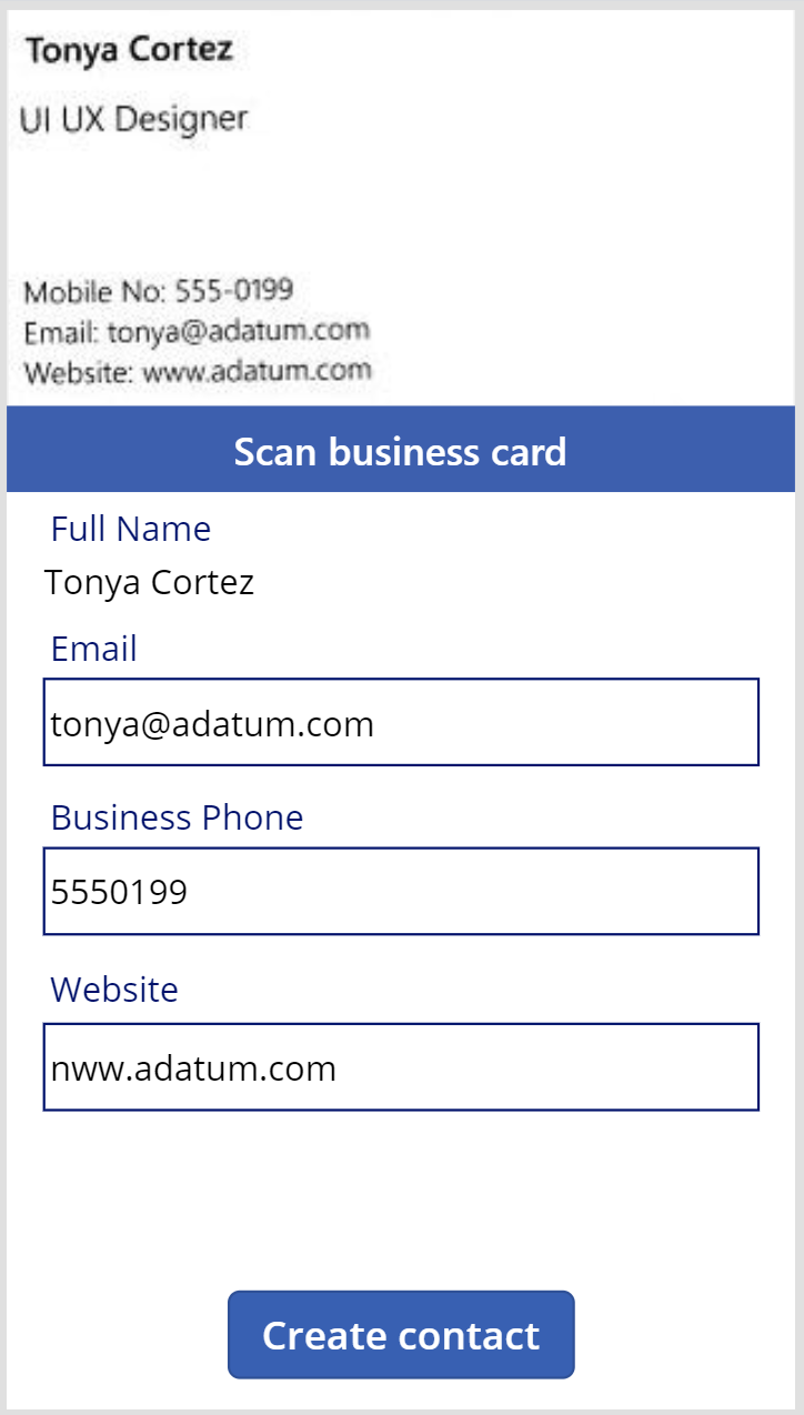 A screenshot of a scanned business card with the information populating the fields.