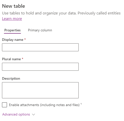Screenshot of the new table pane.