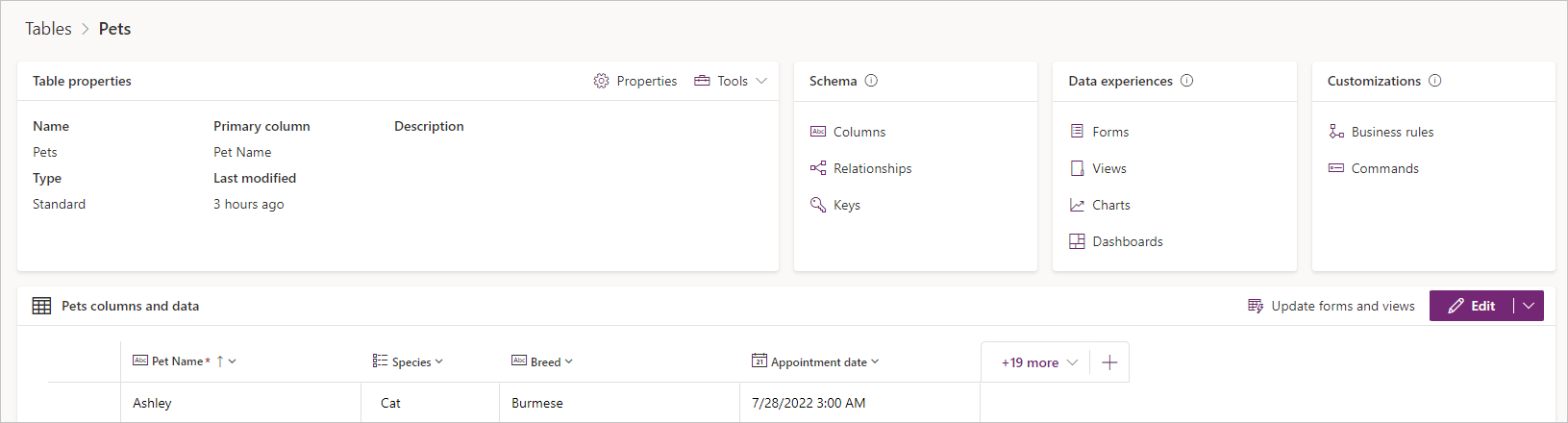 Screenshot of table in Power Apps maker portal.