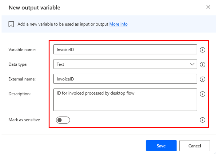 Screenshot of the New output variable dialog.