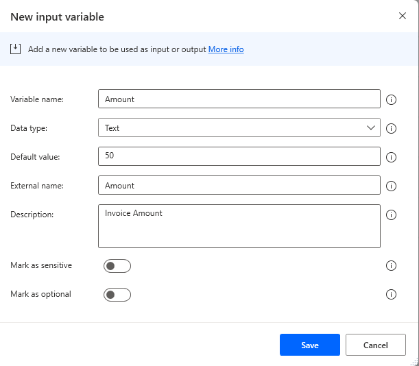 Screenshot of the Add a new input variable dialog.