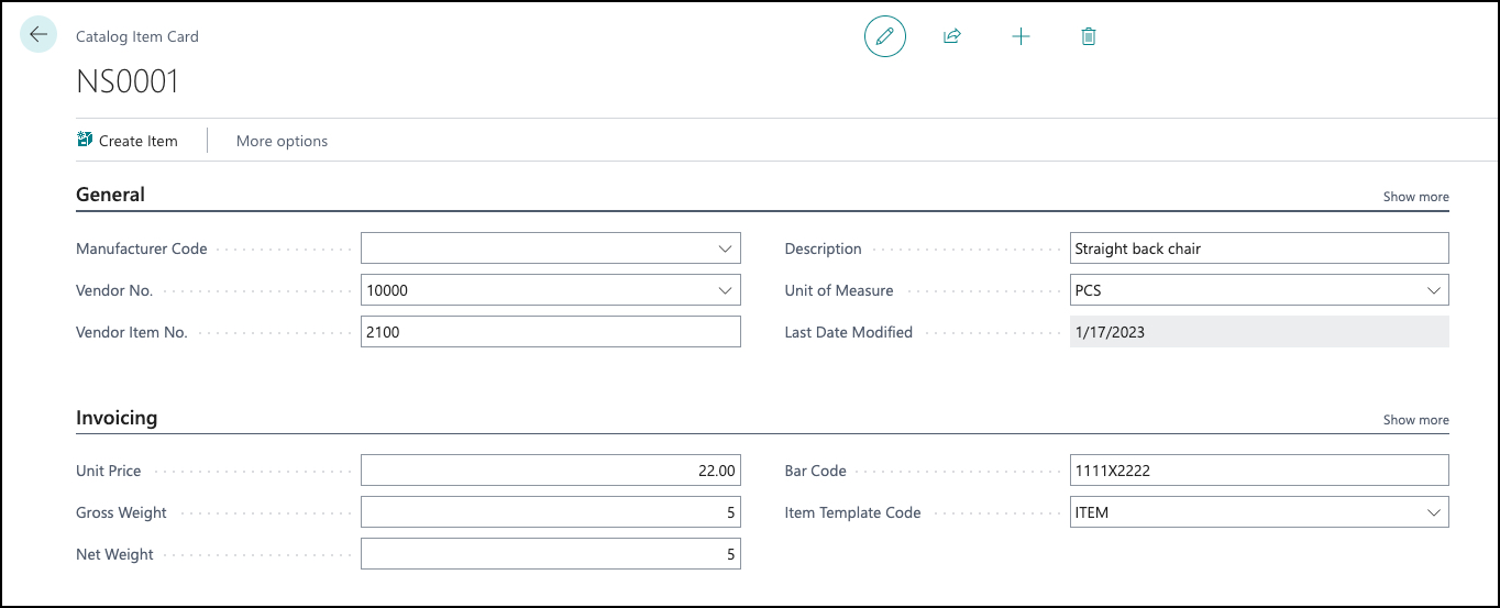 Screenshot of the Catalog item card page in Business Central.