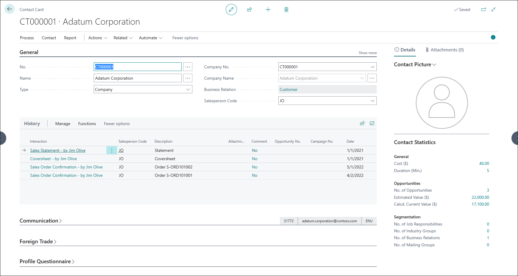 Screenshot of a Contact Card in Business Central.