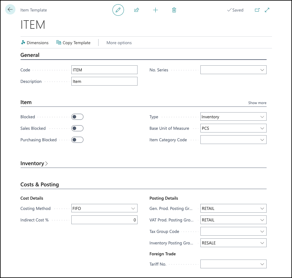 Screenshot of the Item Template page in Business Central.