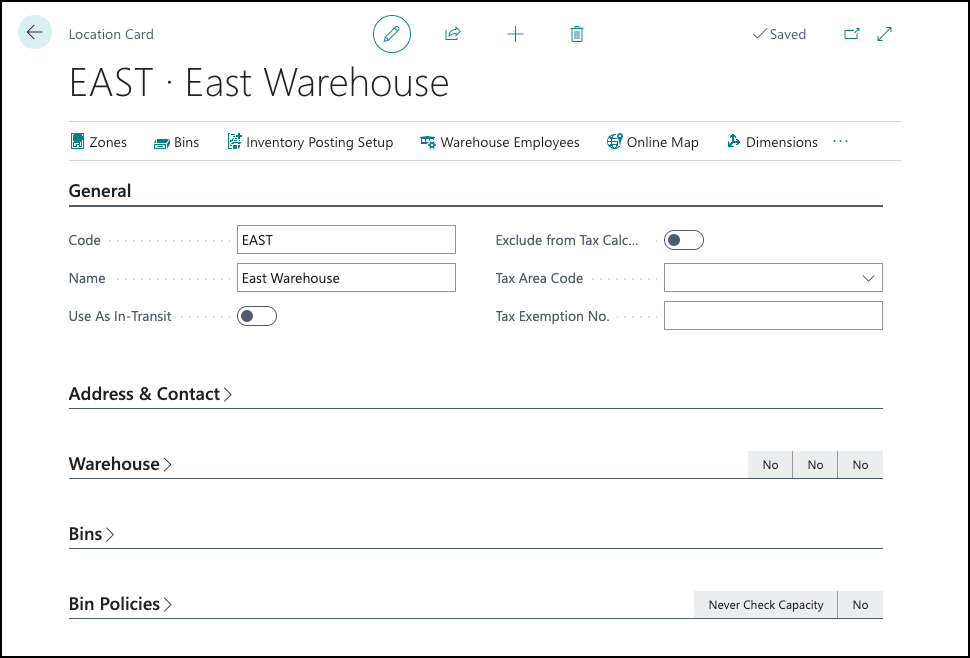 Screenshot of the Location Card page in Business Central.