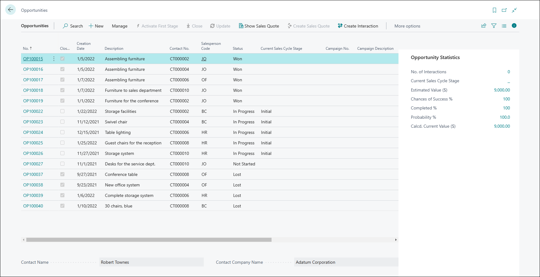 Screeshot of the Opportunities page in Business Central.