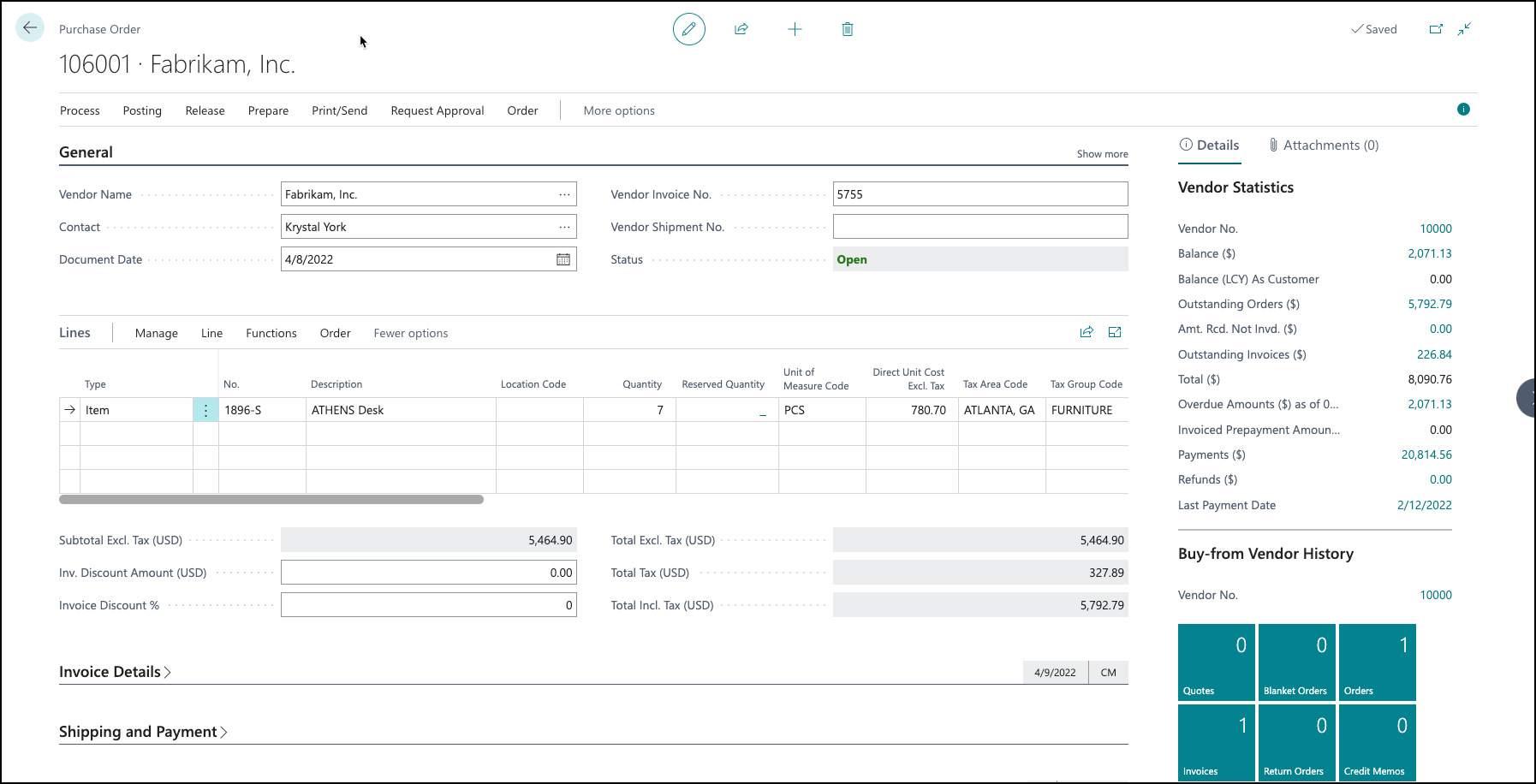Screenshot of the Purchase Order page in Business Central.