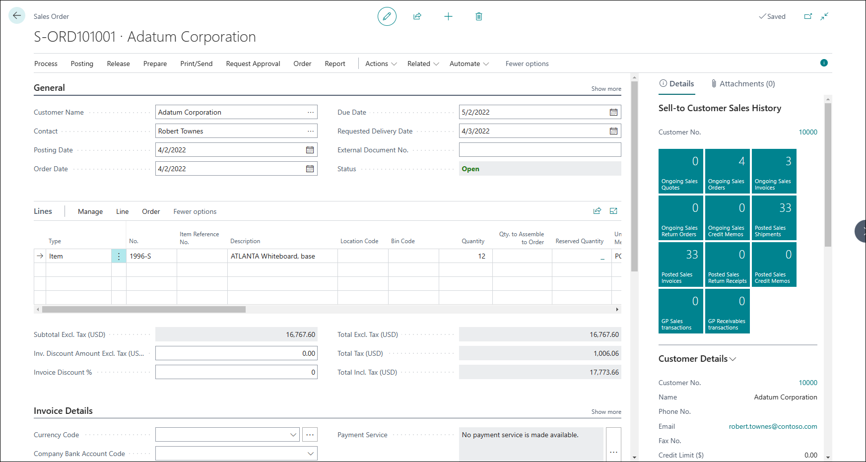 Screenshot of the Sales order page in Business Central.
