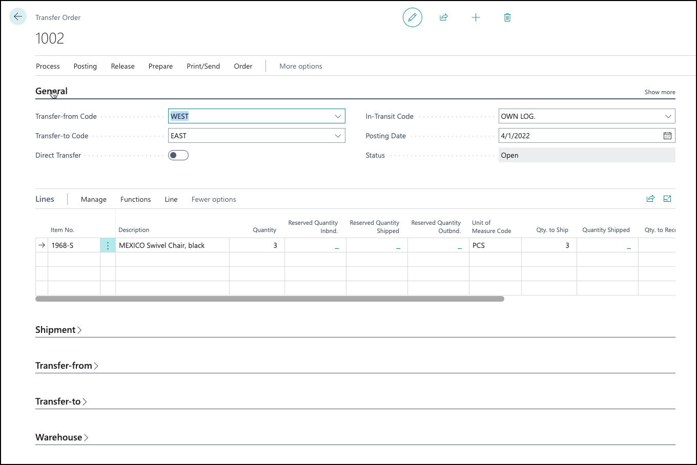 Screenshot of the Transfer Order page in Business Central.