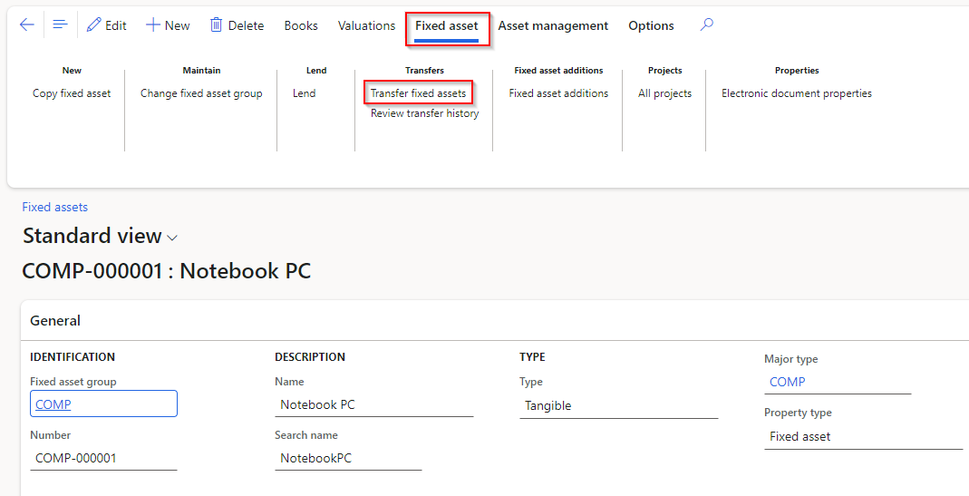 Screenshot of the Transfer fixed assets option.