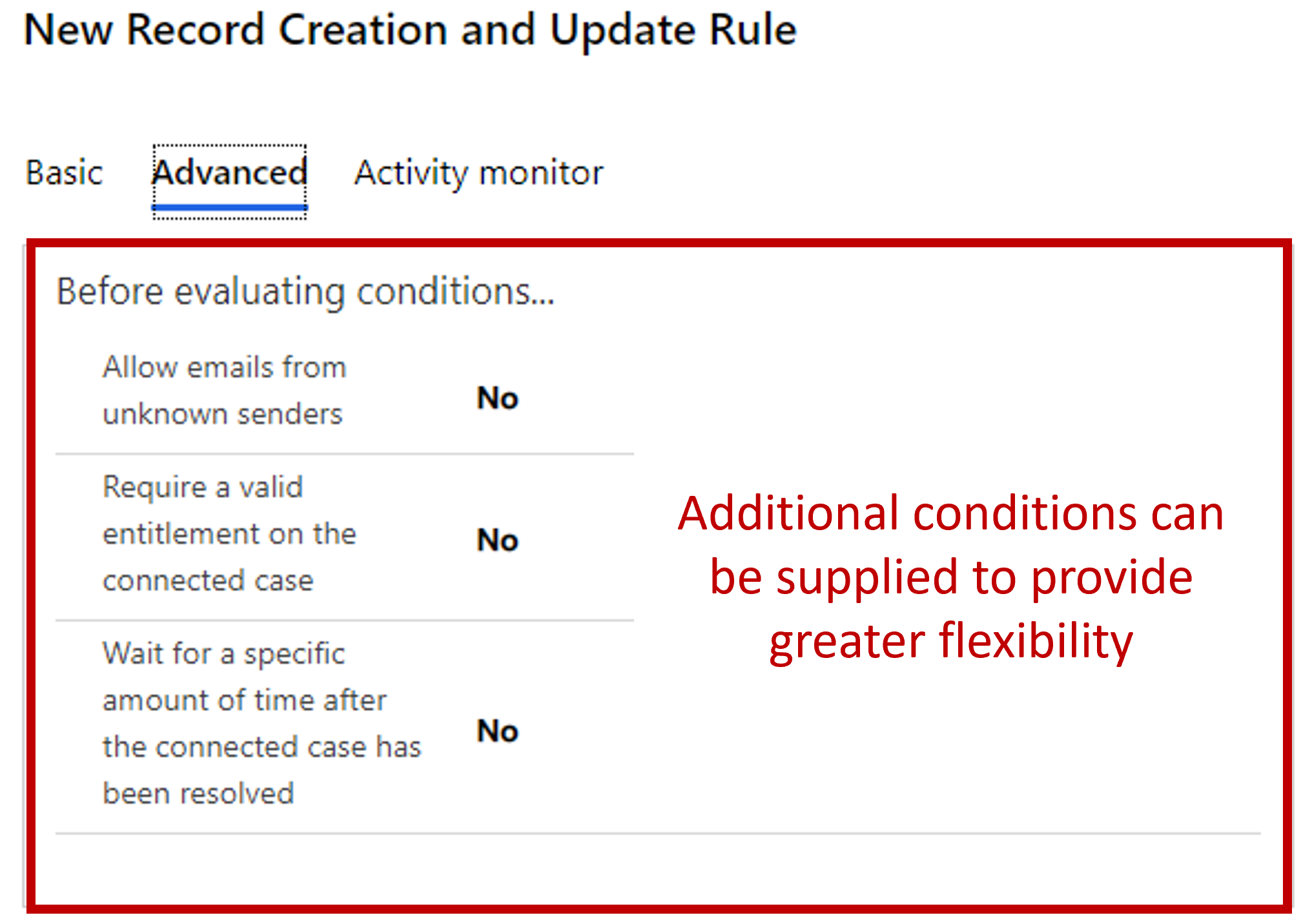 Screenshot of the Advanced tab with evaluating conditions set to No.