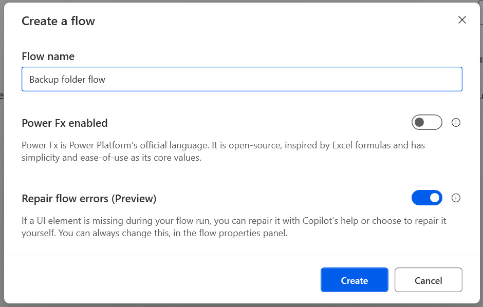 Screenshot of the create flow screen with flow name field.