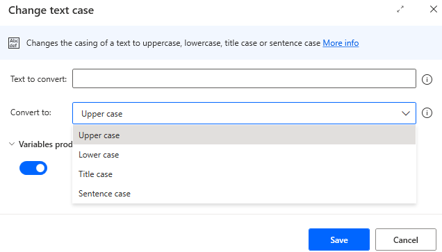 Screenshot of the change text case action properties.