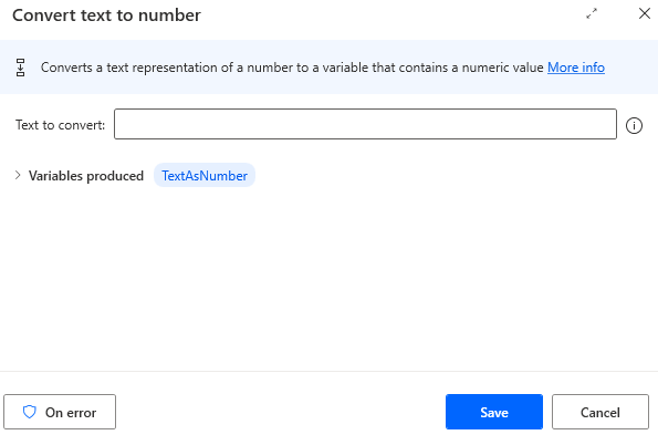 Screenshot of the convert text to number action properties.