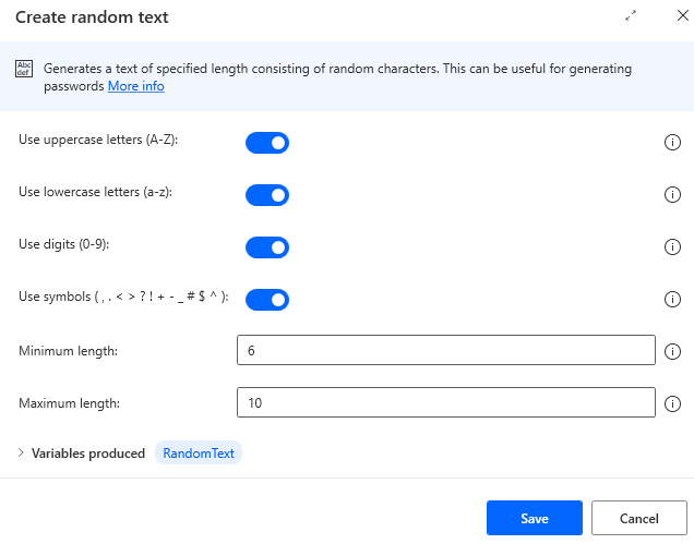 Screenshot of the create random text action properties.