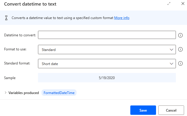 Screenshot of the convert datetime to text action properties.