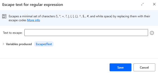 Screenshot of the escape text for regular expression action properties.