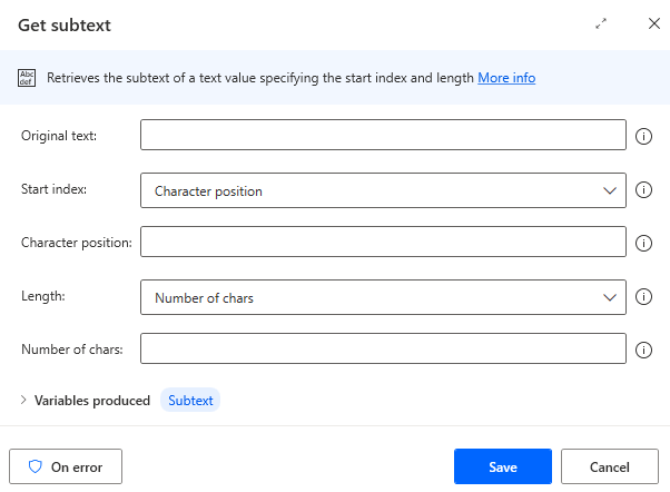 Screenshot of the get subtext action properties.