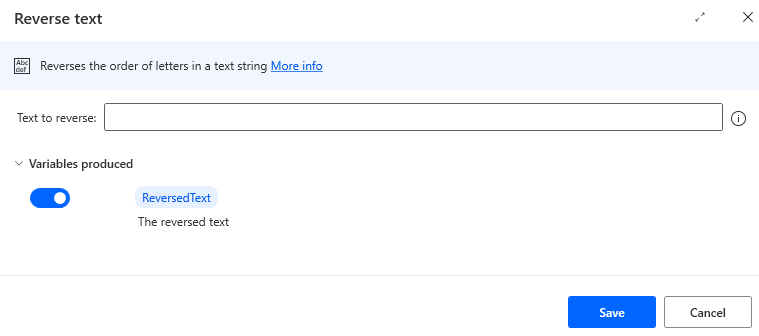 Screenshot of the pad reverse text action properties.