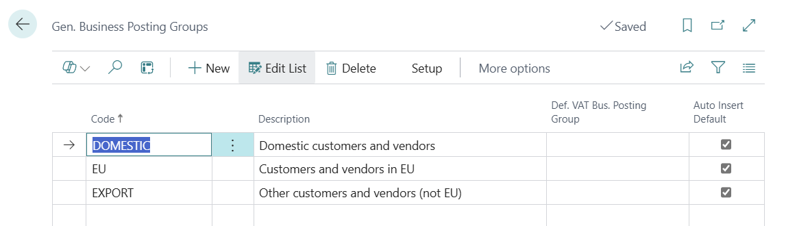 Screenshot of the General business posting groups page.