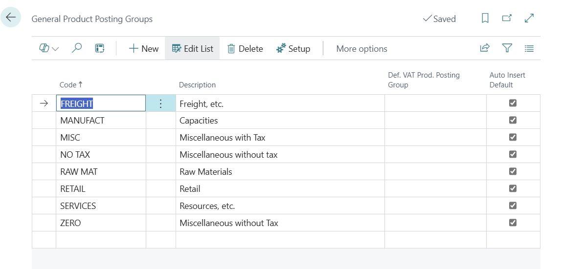 Screenshot of the General product posting groups page.