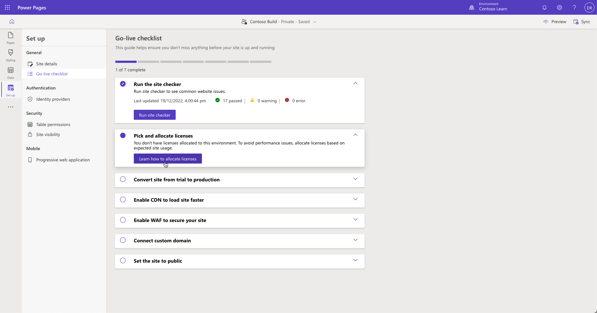 Screenshot of the Go-live checklist screen in Power Pages design studio.
