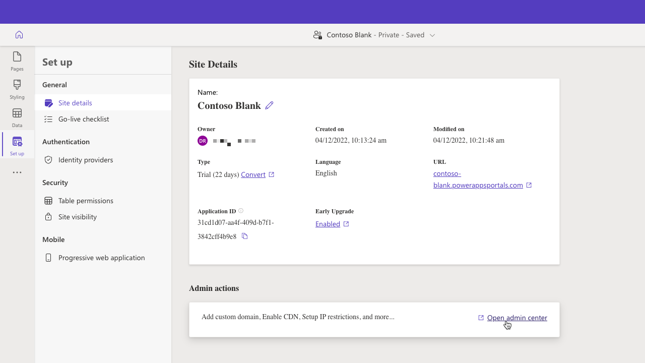 Screenshot of Power Pages admin center access from Power Pages design studio.