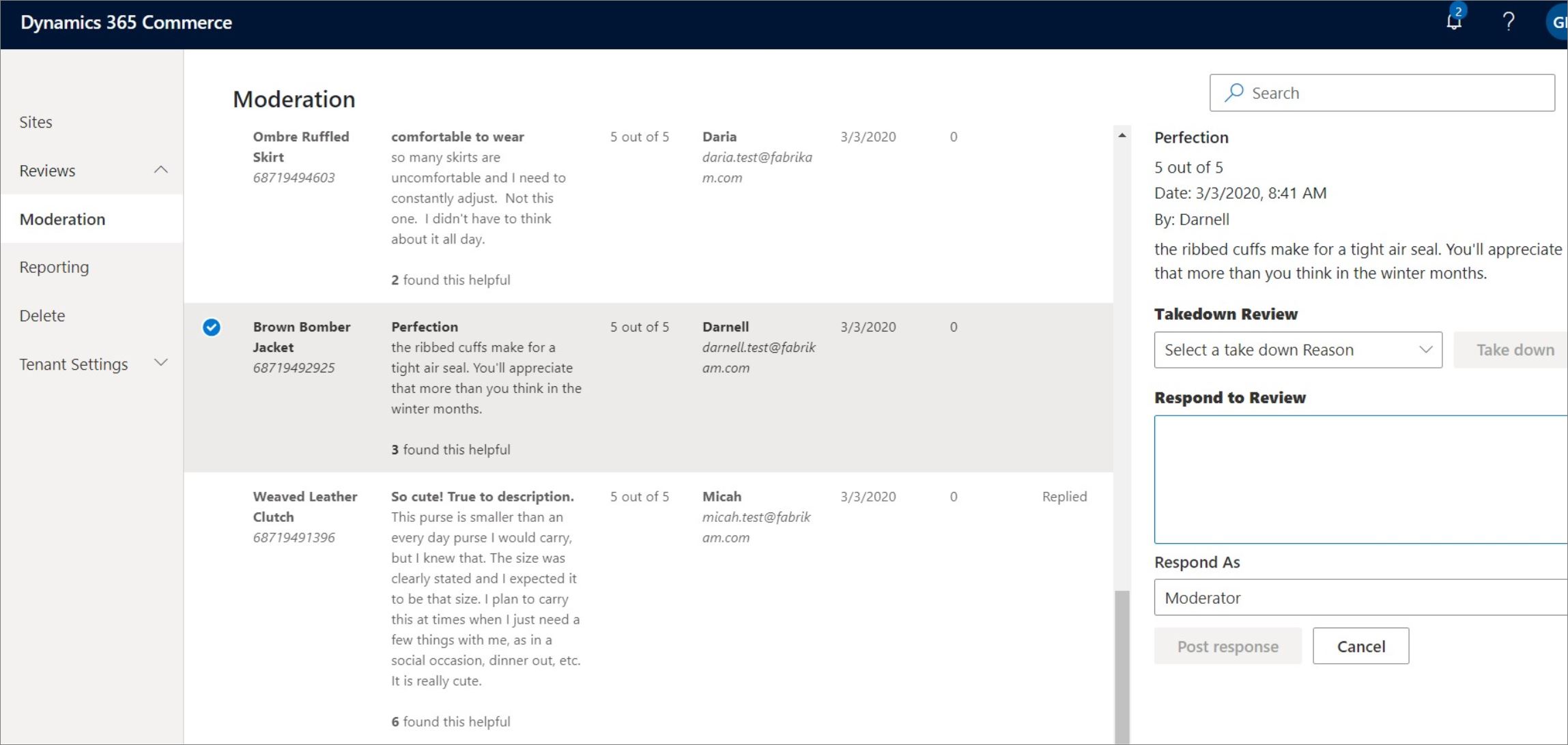 Screenshot of the Dynamics 365 Commerce Moderation page showing review responses.