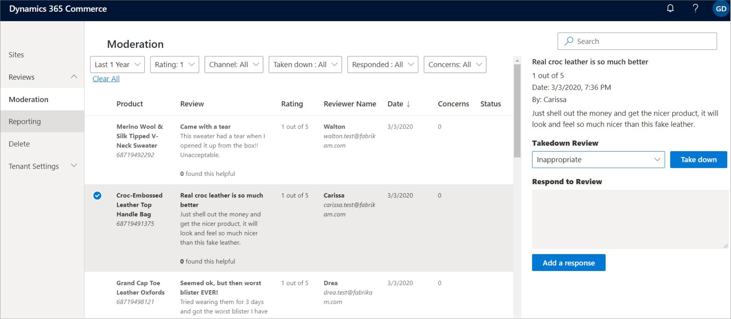 Screenshot of the Dynamics 365 Commerce Moderation page showing the Takedown Review drop-down menu.