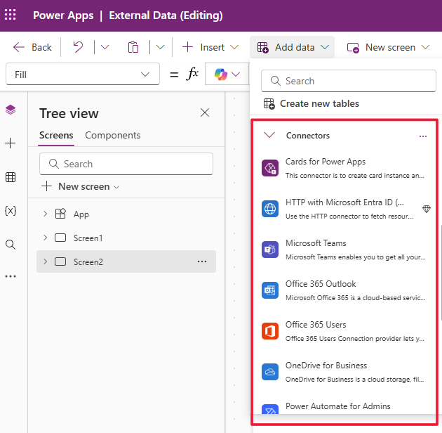 Screenshot of the app edit screen with the Add data button expanded and the connectors highlighted.