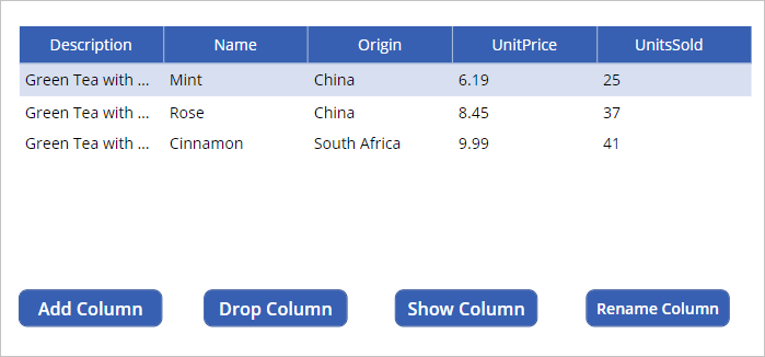 Screenshot of the tea products table.