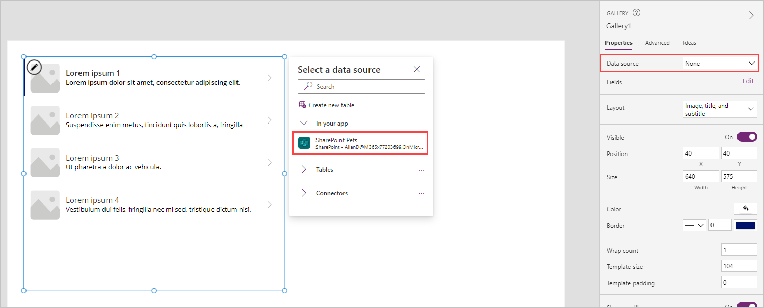 Screenshot showing where you can select a data source from the dialog box for the gallery or where you can select the data source from the properties pane.