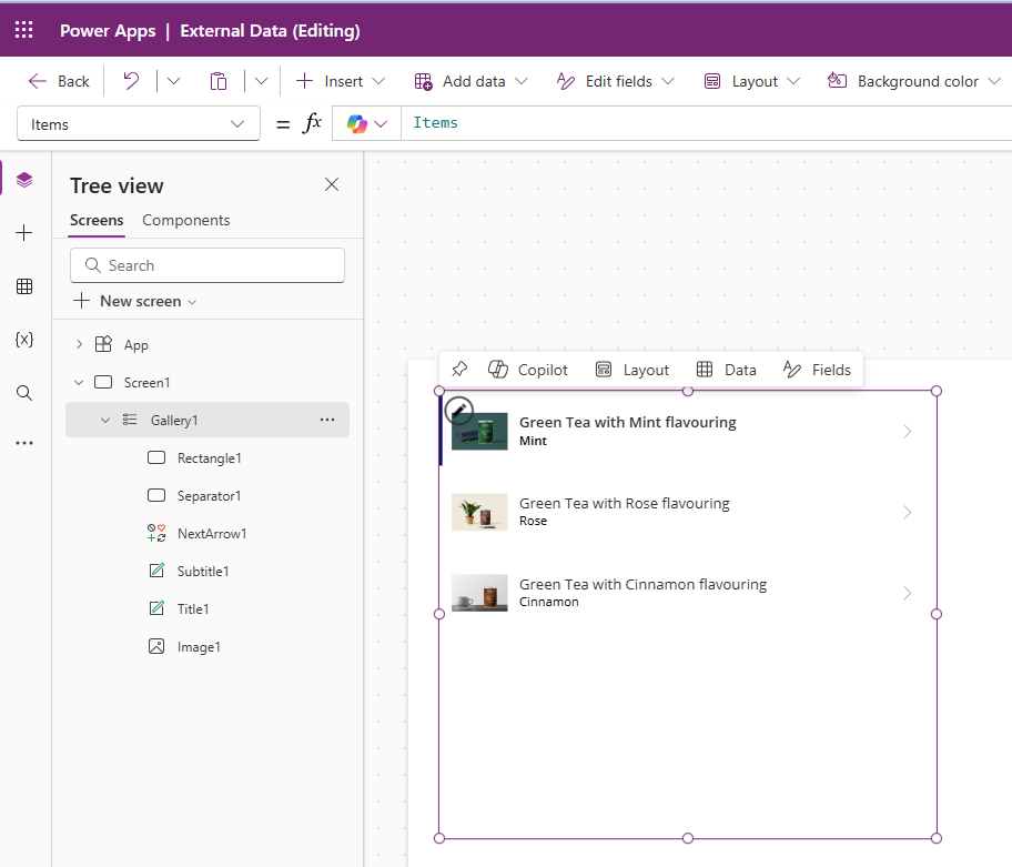Screenshot of adding OneDrive data source to a gallery items.